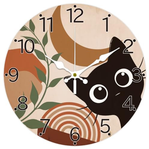 CHGCRAFT 12 Zoll Schwarze Katze Wanduhr Zweige und Blätter Batteriebetriebene Wanduhr Stille Nicht Tickende Böhmische Grafiken Runde Uhr für Büro Haus Küche Dekor