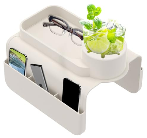 Vassoio per divano con braccioli con tasche laterali, 48 x 29,5 x 11 cm, in silicone, antiscivolo, per riporre telecomandi, telefoni cellulari, snack, bevande (bianco)