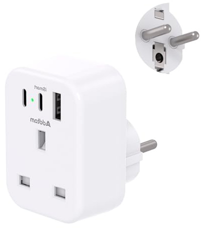 Addtam UK to European Adapter Plug, EU Schuko Travel Adaptor with 3 USB Ports, Euro Europe Grounded Charger for Germany France Spain Turkey Russia Iceland Greece Poland (Type E/F)
