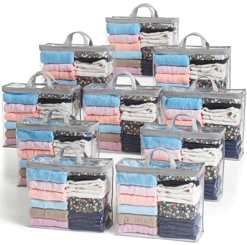 Clear Zippered Storage Bag Foldable Storage Bag, 22L Clear Storage Bags for Clothes, and Blanket Storage Bags for Bedding, CDs, Blankets, Comforters, Clothing & Toys (Grey, 10Pack)