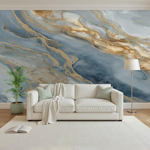 Générique Papier Peint Panoramique Marbre Bleu Doré 390x260cm(L x H) - Revêtement Mural Décoration pour Chambre Salon Cuisine - Design Unique et Moderne - Marbre De Luxe
