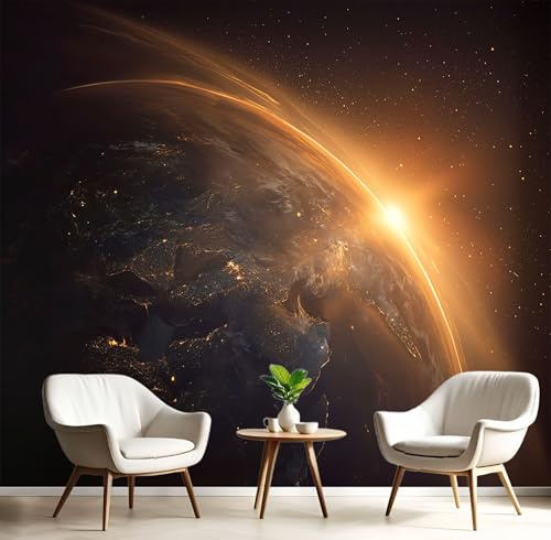 Weltraum Landschaft Motiv Fototapete, 3D Effekt Schwarz-Orange Erde Sonne Muster Wandtapete Schlafzimmer, 250x175cm (B×H) Seidenstoff Wanddeko Tapete, Wohnzimmer Kinderzimmer Dekoration