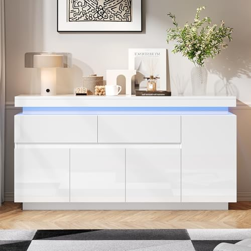 ModernLuxe LED Sideboard Weiß Hochglanz 140x35x72,5 cm, Anrichte mit 2 Schubladen & 4 Türen, Kommode Wohnzimmerschrank mit verstellbaren Einlegeböden, Aufbewahrungsschrank für Wohnzimmer