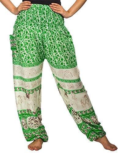 Lofbaz Harem Pants for Women Yoga Boho Hippie Clothing Bohemian Palazzo Beach Maternity Pajama Gypsy Indian Travel Clothes - Floral Elephant Light Green L