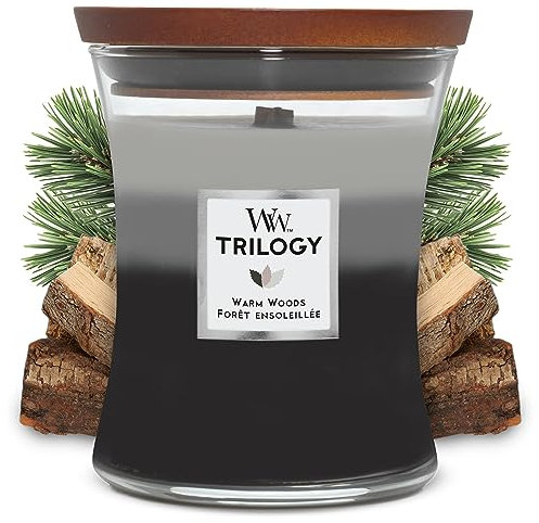 Yankee Candle WoodWick mittelgroße Trilogy-Duftkerze im Sanduhrglas mit Pluswick-Innovation, Warm Woods