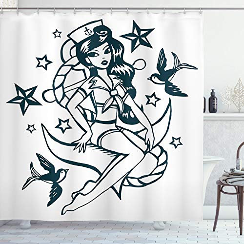 ABAKUHAUS Anker Duschvorhang, Pin-up-Girl Matrosenanzug, Stoffliches Gewebe Badezimmerdekorationsset mit Haken, 175 x 180 cm, Teal und Weiß