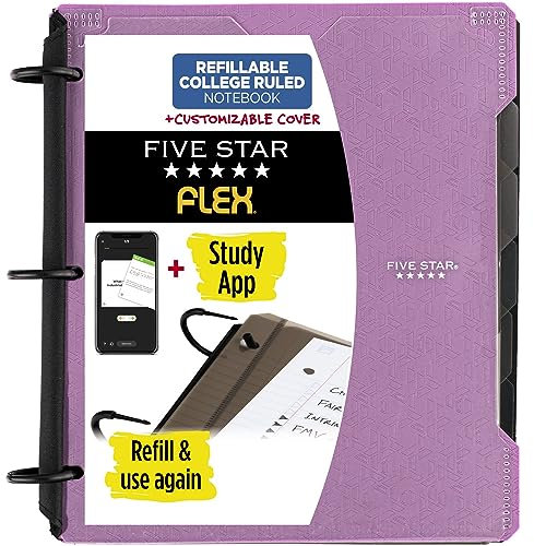 Five Star Flex 293260AB6 Nachfüllbares Notizbuch + Lern-App, College-Papier und 2,5 cm TechLock-Ringbuch mit anpassbarem Einband, Taschen, Tabs und Trennblättern, Kapazität 200 Blatt, Amethystviolett