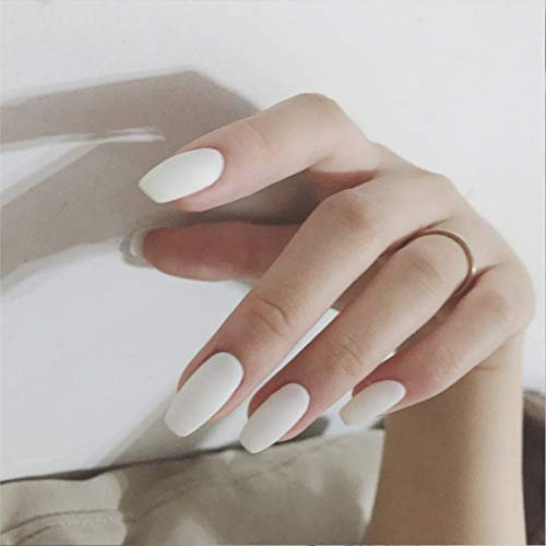Flrora Cercueil mat Faux ongles Ballerine blanche Appuyez sur les ongles Artificiel acrylique faux ongles moyens pour femmes et filles (24 pièces)