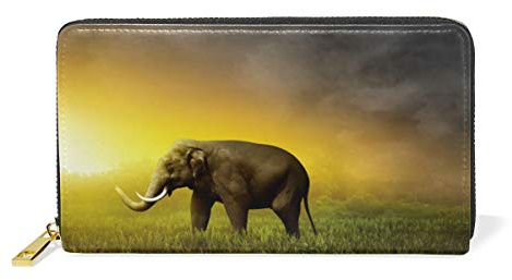 Elefanten Sonnenuntergang Feld Leder Brieftasche Reißverschluss Geldbörse Telefon Kreditkartenetui Portemonnaie Wallet für Frauen Mädchen Männer