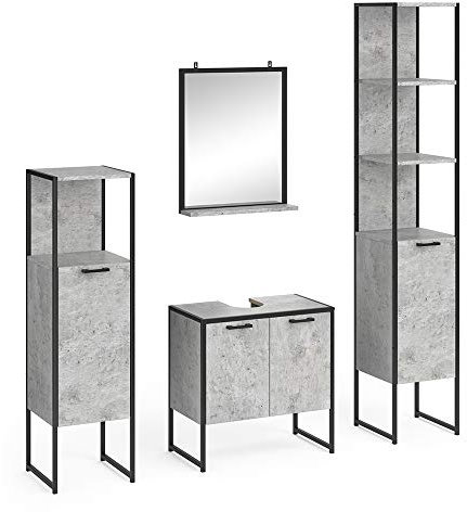 Vicco Badmöbel-Set Fyrk, Beton/Schwarz, 4 Teile, mit Hochschrank