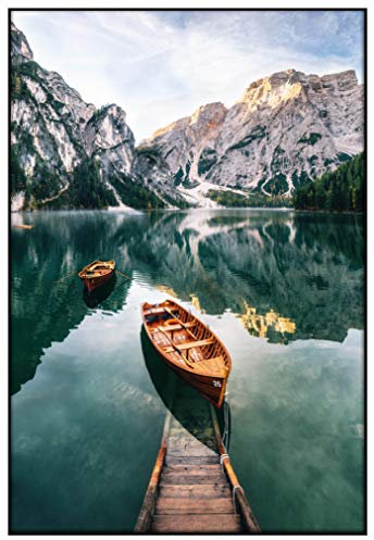 Panorama Gerahmtes Poster Lake of Braies Italy 70 x 50 cm - Gedruckt auf Starres Poster - Enthält Rahmen - Moderne Bilder Wohnzimmerdekoration - Schlafzimmer