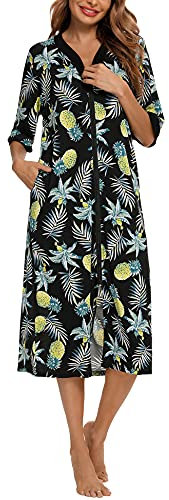 BESDEL Camicia da Notte Lunga Casual da Donna in Cotone Confortevole, Vestaglia da casa con Zip, Loungewear con Stampa Floreale con Tasche Nero XXL