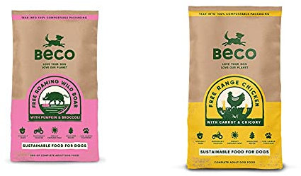 Beco Pets Food - Wild Boar with Broccoli and Pumpkin - 2kg & Pets Dog Food - Free Range Chicken with Carrot and Chicory - 2kg - Natural Grain Free Ethical Dog Food with No Artificial Preservatives