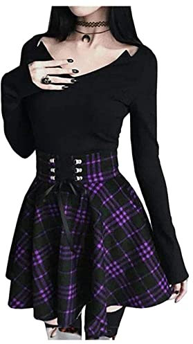 Bsdsl Rock Damen Gothic Faltenrock Schulmädchen A-Linie Plaid Rock Skater Tennis Basic Minirock (Color : Purple, Size : M)