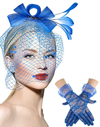 Boao Fascinator mit Schleife, Teeparty-Hut, Federn, Schleier, Netz-Stirnband und kurze Spitzenhandschuhe, florale Spitzenhandschuhe, Königsblau, Medium