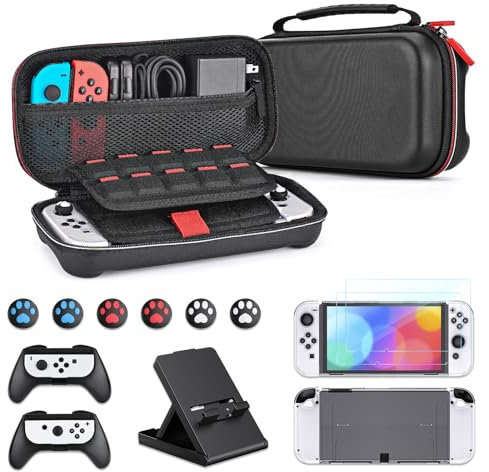 Younik Switch OLED Zubehör Bundle 15 in 1 Zubehörset mit Switch OLED Tragetasche inklusive 29 Stück Kartenfächer, steuerbare Ständer, 2 Bildschirmschutz, 2 Griffe & 2 TPU Schutzhüllen