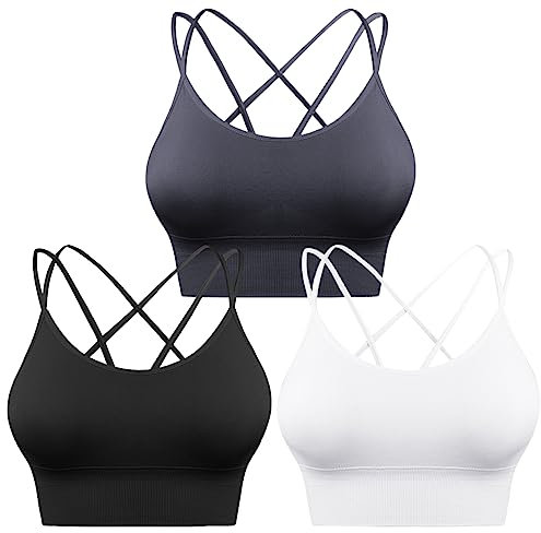 Sykooria 3er-Pack Sport-BH für Damen, sexy überkreuzt, für Yoga, Laufen, Sport, Fitnessstudio, Workout, Fitness, Tanktops, 3 Packungen schwarz/weiß/grau, Large