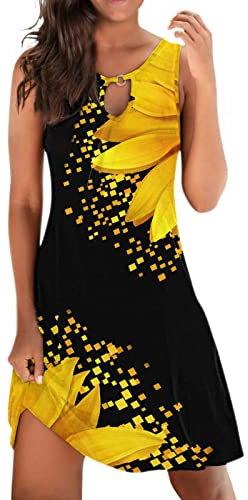 Abito boho da donna con stampa vintage, abito estivo corto, da donna, taglie grandi, elegante, scollo rotondo, senza maniche, linea ad A, per feste, per il tempo libero, Z09 giallo, S