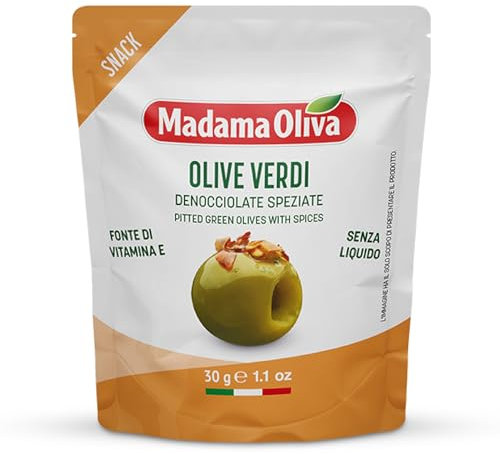 MADAMA OLIVA, Olive Verdi Denocciolate Speziate, Colore Verde Intenso e dal Gusto Caratteristico, 100% Made in Italy, 100% Vegetale, Pratica Busta in Alluminio da 30 gr