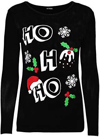 Fashion Star Womens Xmas Pullover Long Sleeve Basic Christmas Printed Casual T Shirt Ho Ho Ho Hat Black Plus Size (UK 20/22)