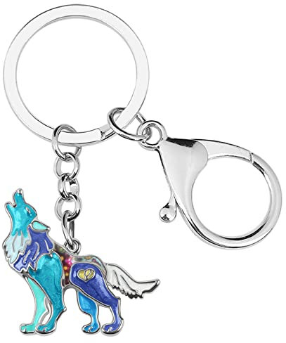 LONYOO Porte-clés Loup hurlant en alliage de zinc émaillé Porte-clés de voiture Porte-monnaie Animaux sauvages Bijoux pour femmes Filles Cadeaux (Bleu)