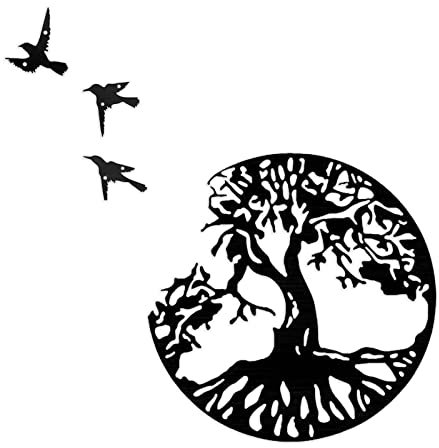 SEGNAYEN Décoration murale arbre de vie en métal avec 3 oiseaux, silhouette noire, plaque murale à suspendre, 30 cm, panneaux muraux ronds en métal pour salon, chambre à coucher, sculpture