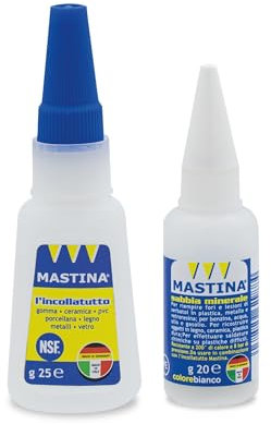 Mastina Incollatutto da 25g e SABBIA BIANCA da 20g, Kit con Boccetta Maxi per Riparare in modo Professionale Plastica Legno Metallo Ceramica Gomma e PVC, Adatto per saldatura chimica su Plastica