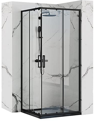 BADLAND Duschset Duschkabine & Duschwanne 90x90 190cm Quadratisch Punto Transparentes Glas 5mm und Duschtasse Schwarz Geos mit Ablaufgarnitur Ø 90 mm