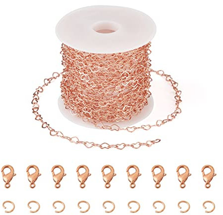 Pandahall 4.8~5m Rose Gold Plated Brass Heart Chain Cable Chains Links with Jump Rings & Lobster Claw Clasps for DIY Bracelet Necklace Jewelry Making