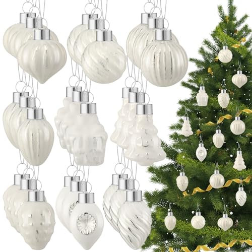 Wettarn Quecksilber-Glas-Weihnachtsschmuck-Set, Endstück, kleine hängende Weihnachtskugeln, Retro-Weihnachtsdekoration für den Weihnachtsbaum, Weiß und Silber, 27-teilig