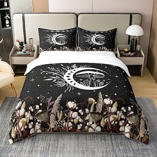 richhome Trippy Wild Pilz Bettbezug Set 100% Natürliche Baumwolle 135x200 Böhmische Mysteriöse Mond Sternenhimmel Bettwäsche Set Dschungel Rustikale Wilde Burgunder Pflanze Baumwolle Komfortbezug