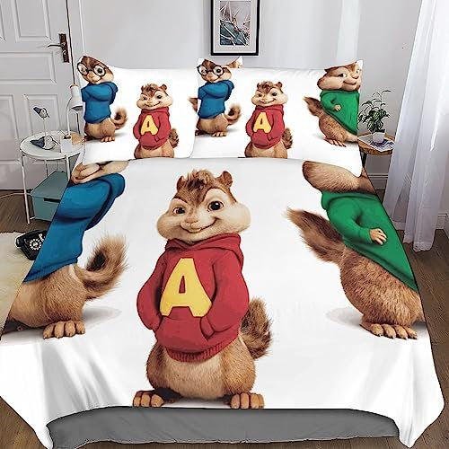 SUCREVEN Alvin Chipmunks Bettwäsche Set Bettbezug 3D Cartoon Bedruckte Betten Für Kinder Jungen Mädchen Thema Raumdekor Kuschelig 3 Teilig Sets Double(200x200cm)