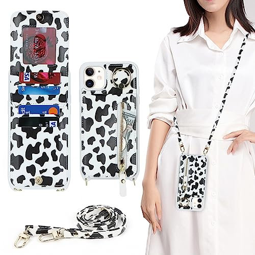 Ｈａｖａｙａ Cover per iPhone 12 con cordino Porta Carte Custodia iPhone 12 Pro con cerniera cordino Ring portafoglio donna - Stampa mucca nero