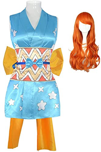 YEAJION Nami Kostüm Damen Cosplay Nami Anime Sexy Kimono Kleid und Zubehör Perücken für Erwachsene Verkleidung Halloween Karneval Maskerade Geburtstagsthema Party Anzug Höhe 155-185 cm