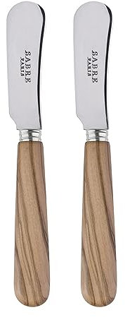 Sabre Paris | Lot de 2 Tartineurs 14 cm Lavandou couleur bois d'olivier. Couverts en Acier Inoxydable et manche en véritable bois d'olivier. Idéal pour tapenades, pâte à tartiner…