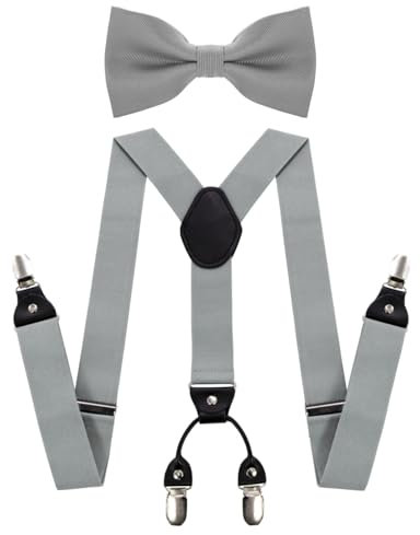 JEMYGINS Herren Hosenträger mit Vier Clips und Elastischem Rückenband inklusive Fliege Set,grau