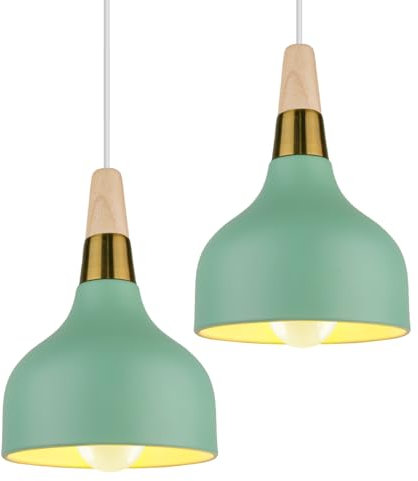 PETITES ECREVISSES Pendelleuchte Moderne Hängeleuchter Vintage E27 Industrielle Deckenleuchte Innen Hängelampe Metall und Holz Beleuchtung für Küche Esszimmer Schlafzimmer (Grün-2 Stück)