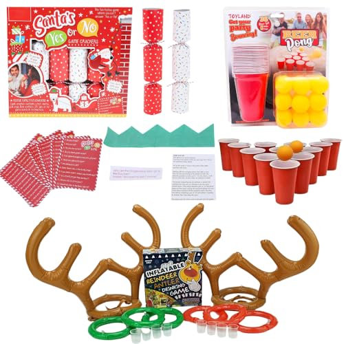 Toyland® Trinkspiel-Partypaket – Bier-Pong, Geweih-Ringwurf und Ja-oder-Nein-Spiel-Knallbonbons – Weihnachten/Neujahr und Partyspiele