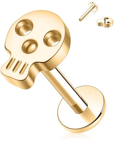 hengkaixuan 16G Labret Jewellery Labret Ohrstecker mit Innengewinde Titan Flatback Ohrring Gold Labret Ohrringe Skull Lip Studs Tragus Piercing Jewellery 6mm Monroe Medusa Helix Cartilage Conch Studs