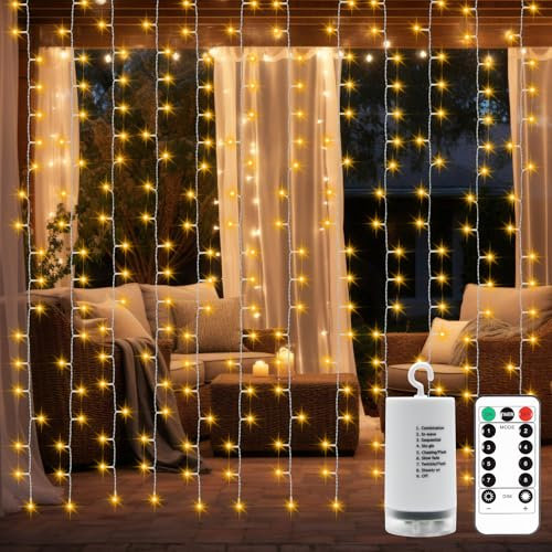 CCILAND 300 LED Lichtvorhang Batterie, 3x3 Meter Lichtkette Vorhang 8 Modi mit Fernbedienung Timer Lichterketten Vorhang Wasserfest für Innen- und Außendekoration (Warmweiß)
