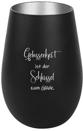 Der-Porzellan-Laden Windlicht mit Gravur Gelassenheit ist der Schlüssel zum Glück, Schwarz Silber, Teelichthalter aus Glas mit Spruch, Tischdeko modern