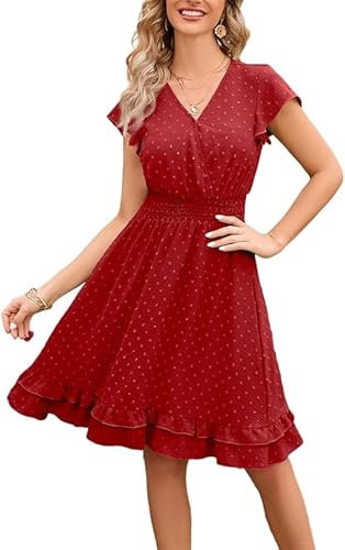 Damen Sonnenkleid Cap Sleeve Rüschen Saum Smocked Swiss Dot V Neck Sommerkleider Damen Short Casual Swing Flowy Mini Strand (Rot,L)