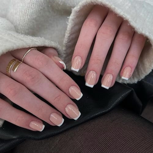 24 Stück Französischer Nägel Zum Aufkleben, Nude mit Weißer Spitze Künstliche Nägel mit Gelee-Kleber, Natürlich Glossy Acrylnägel Selbstklebende Press On Nails für Frauen Nail Art (Rose red, 24x)