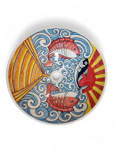 Kinaree Keramik Waschbecken Okinawa - Ø 41,5cm Waschschale mit handbemalten Motiven - Aufsatzwaschbecken mit Farbiger Malerei (Okinawa III)
