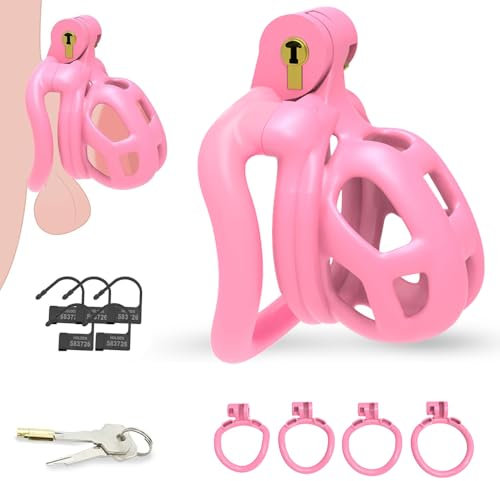 GKLWEJ Cage Chastetée, Cage de Chasteté Pénis avec 4 Cock Ring et Verrouiller, Cock C-age Men Sex Toýs Pour Punition Sextoyse Couple Plaisir, Pink,XXS