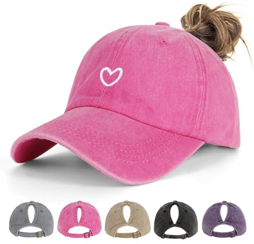 Acado Pferdeschwanz-Baseballkappe für Damen – Distressed Vintage Washed Verstellbare bestickte Schmetterlingsherz-Stickerei High-Dutt-Mütze für Damen