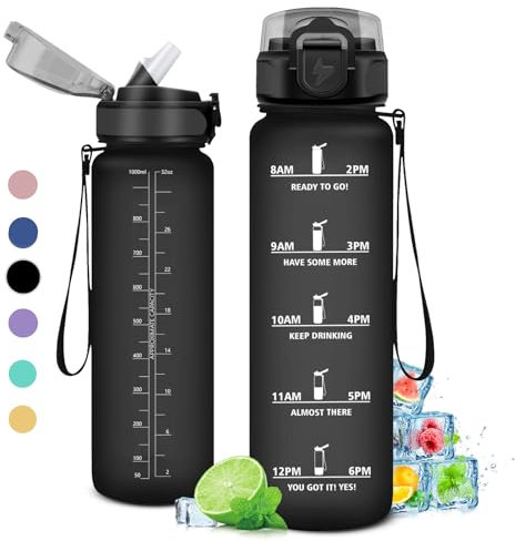 Gourde 1L, Gourde Sport, Gourde avec Paille Réutilisable Réutilisable, Bouteille d'eau avec Marqueur de Temps, Water Bottle pour Adulte, l'école, Cyclisme, Voyage, Camping, Fitness, Yoga, Bureau