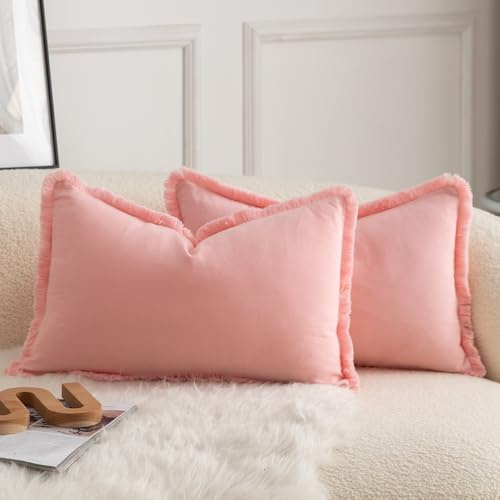 Mandioo 2er Set neutralen Baumwolle Quasten Kissenbezug 40x60cm Dekorative Kissenbezüge Dekokissen Boho Sofakissen Kissenhülle für Couch Sofa Schlafzimmer Wohnzimmer Heimdekoration Rosa