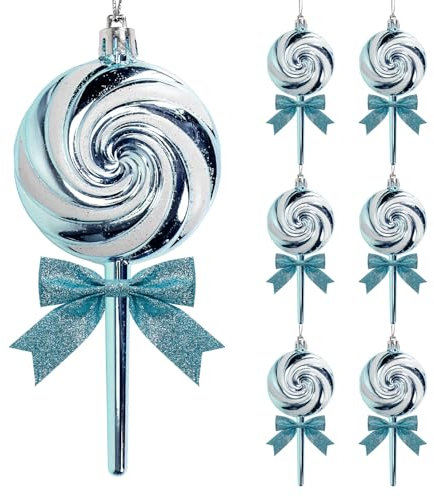 Pack of 6 Candy Christmas Decoration,Shiny & Glitter Lollipop Hanging Ornaments with Glitter Bows for Christmas Tree Wreaths Holiday Decoration (Ice Blue)