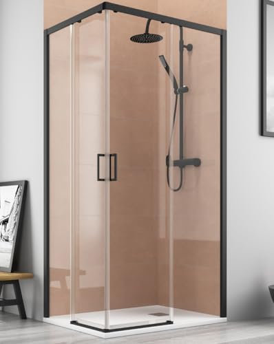 Mampara Ducha Rectangular Angular Corredera 2 Puertas 2 Fijos | Cristal 5mm Antical | Perfil Negro 100cm (Adaptable 96,5-98,5cm) X 80cm